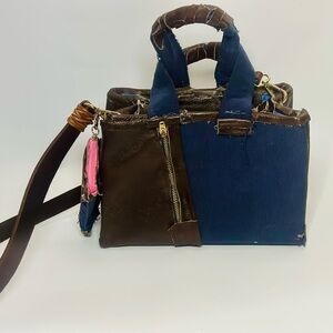 Two-Tone Brown and Navy Crossbody Tote Bag